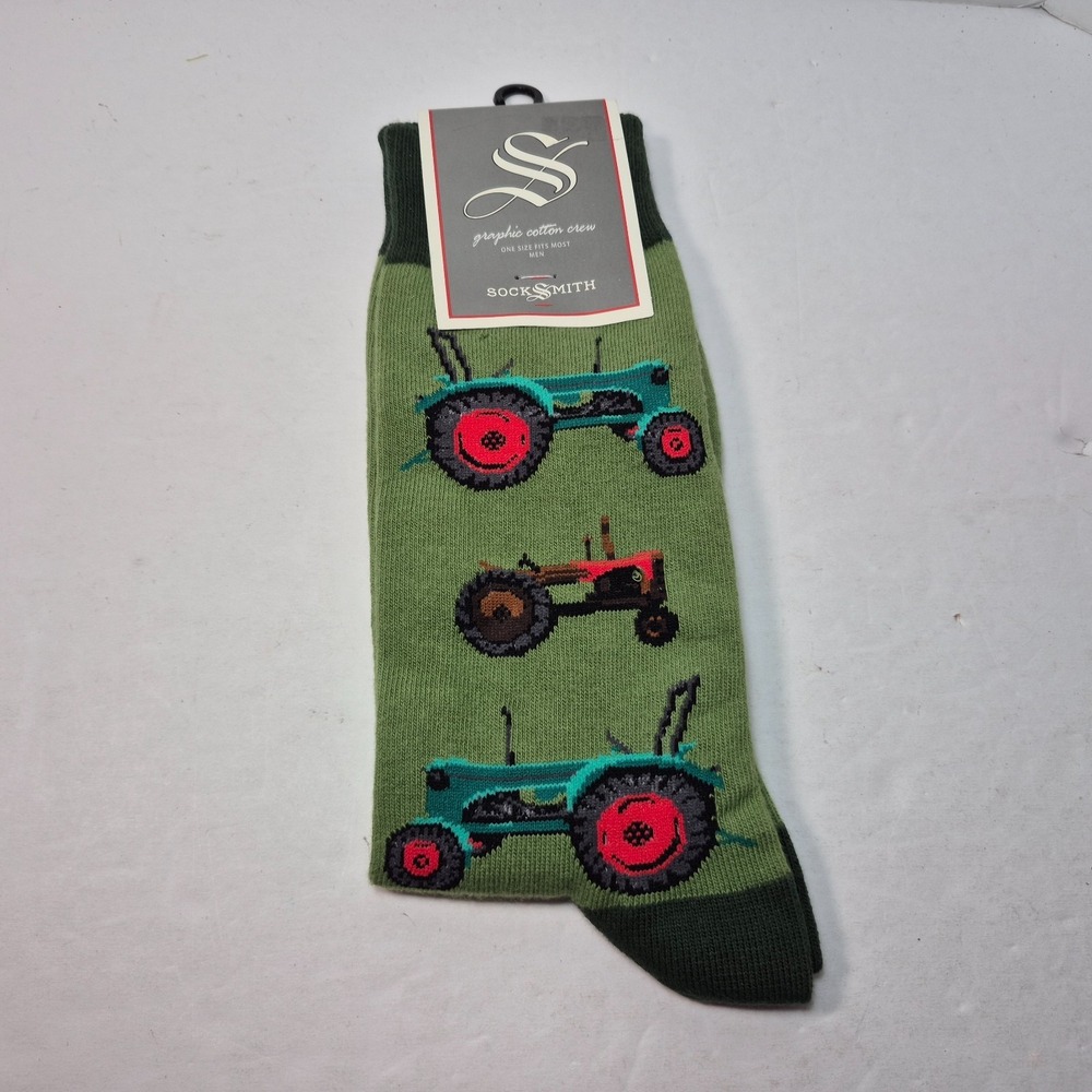Mens Socksmith Brand Graphic Cotton Crew Socks Green with Tractors 10-13 NWT